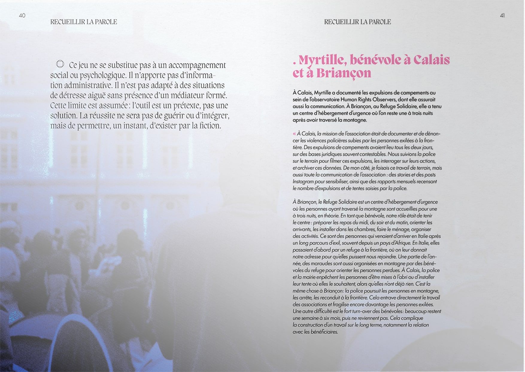 Double page, témoignage de Myrtille, bénévole
